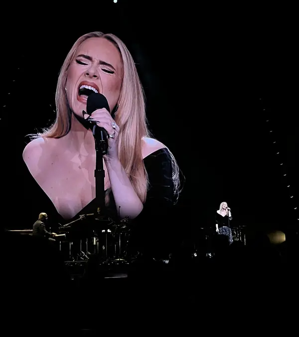 Adele at her Weekends With Adele residency, the Colosseum at Caesars Palace, Las Vegas, February 24, 2023, her face on the big screen (not the August 26 show)