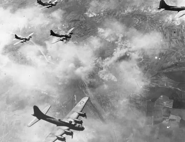 B-17F Flying Fortresses over Schweinfurt, Germany, August 17, 1943 (not Magee’s plane)