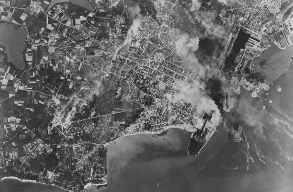 “Flying Fortresses of the U.S. Army Air Forces strike at St. Nazaire,” received June 12, 1943 (another raid, not Magee’s)