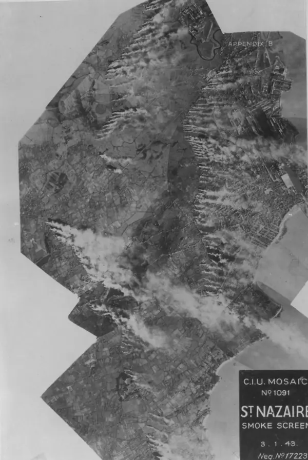 Reconnaissance mosaic “St Nazaire smoke screen, 3.1.43”: Saint-Nazaire on January 3, 1943, the day of Magee’s raid