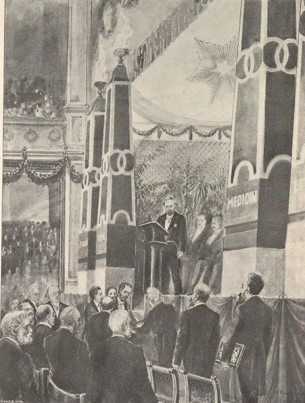The first Nobel Prize ceremony, Stockholm, December 10, 1901, a drawing by C. A. Olausson in Hvar 8 Dag (an artist’s drawing, not a photo)