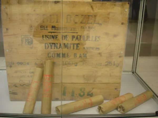 A Nobel-Bozel dynamite crate of 1957–84 at the Paulilles dynamite factory museum, 2006 (not one of his own)