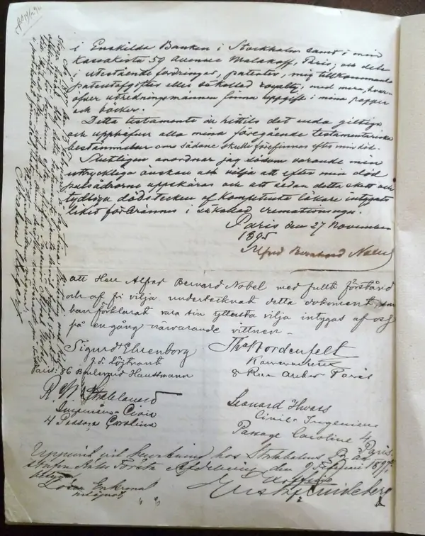 Page 4 of the will, with “Paris den 27 November 1895” and his signature