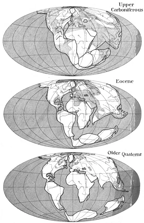 Wegener’s reconstructions of the continents in the Upper Carboniferous, Eocene and Older Quaternary, from The Origin of Continents and Oceans, 1924