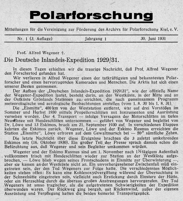 Polarforschung, June 30, 1931, page 1: “Prof. Alfred Wegener †”