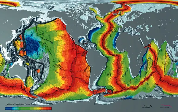 The age of the ocean floor, a NOAA map of 1996 (not the 1960s discoveries)