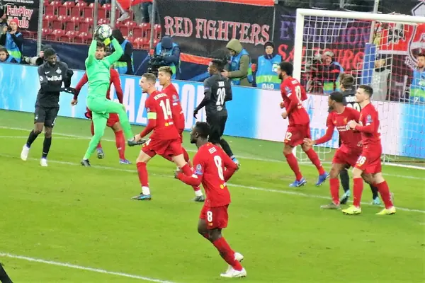 Alisson Becker catching a cross at Salzburg v Liverpool, Champions League, December 10, 2019 (not the 2021 header)