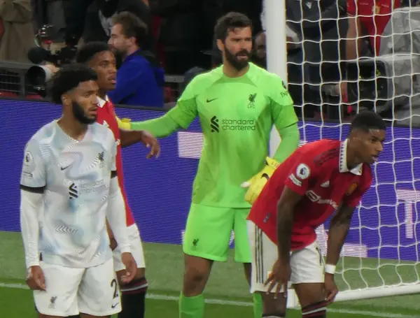 Alisson Becker with Joe Gomez and Marcus Rashford at Manchester United v Liverpool, Old Trafford, August 22, 2022 (not the 2021 match)