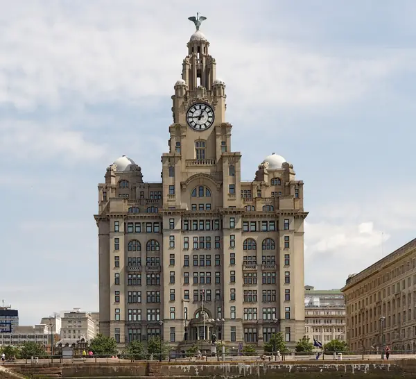 The Royal Liver Building, Liverpool, from a Mersey ferry, July 19, 2021