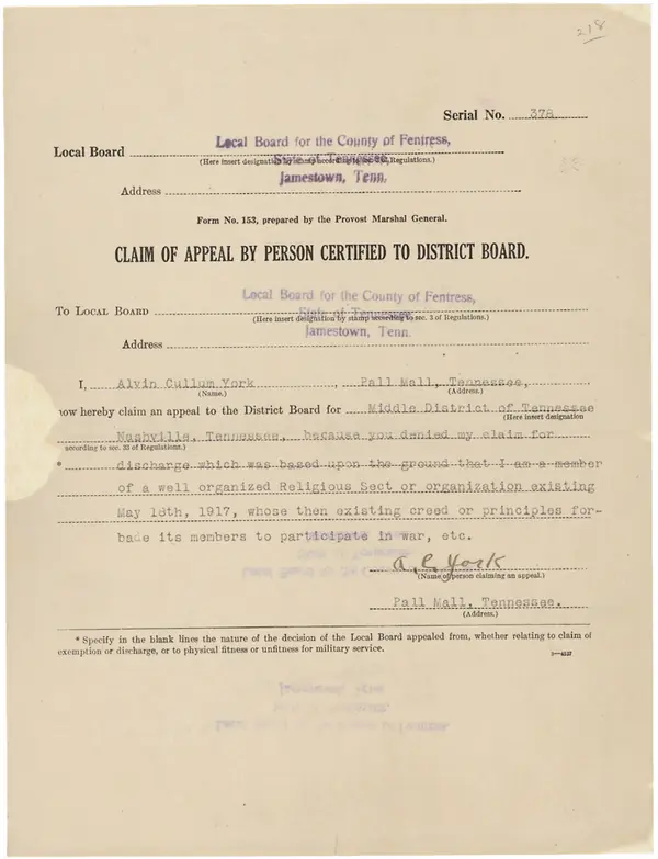 Conscientious Objector Claim of Appeal for Alvin Cullum York