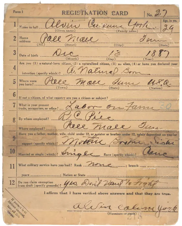 Alvin C. York’s draft registration card, June 5, 1917