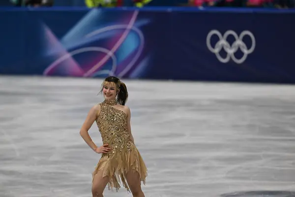 Alysa Liu strikes a pose in her Olympic free skate, Milano Ice Skating Arena, February 19, 2026 (cropped)