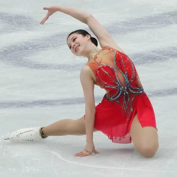 Alysa Liu finishing her short program at the 2022 World Championships, Montpellier, March 2022 (cropped; not the Beijing Olympics)