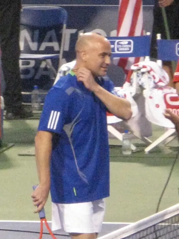 Andre Agassi smiling at the Rogers Cup legends exhibition, Toronto, August 14, 2011