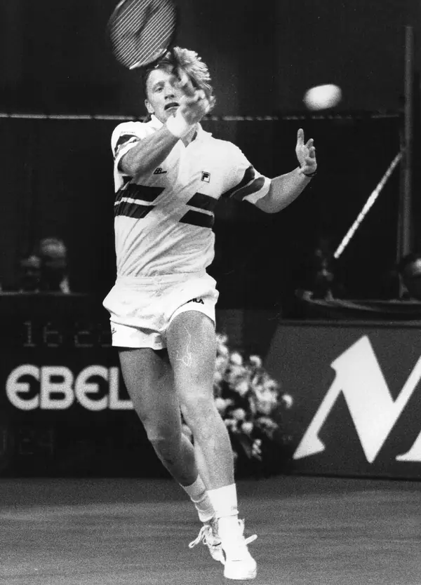 Boris Becker in a Davis Cup match against Michael Tauson, Frankfurt, April 8, 1988 (cropped; not against Agassi)