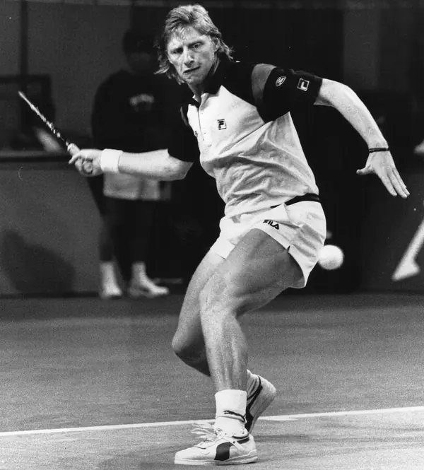 Boris Becker running to a forehand against Morten Christensen, Davis Cup, Frankfurt, April 10, 1988 (cropped; not against Agassi)