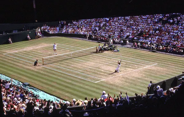 Centre Court, Wimbledon, at championship point of the 1991 final, July 7, 1991 (not Becker’s 1985 title)