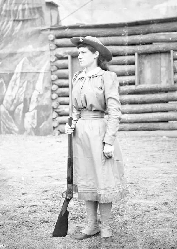 Annie Oakley at Buffalo Bill’s Wild West, Ambrose Park, Brooklyn, photographed by Stacy, 1894