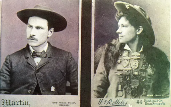Frank Butler and Annie Oakley, cabinet cards by Martin, Chicago, and H&R Stiles, London, 1880s, at the Garst Museum, Greenville, Ohio