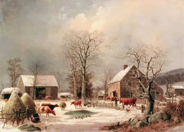 Farmyard in Winter, a painting by George Henry Durrie, 1858 (not her home or the wolves’ farm)