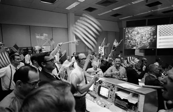 View of Mission Control Center celebrating conclusion of Apollo 11 mission (s69-40022)