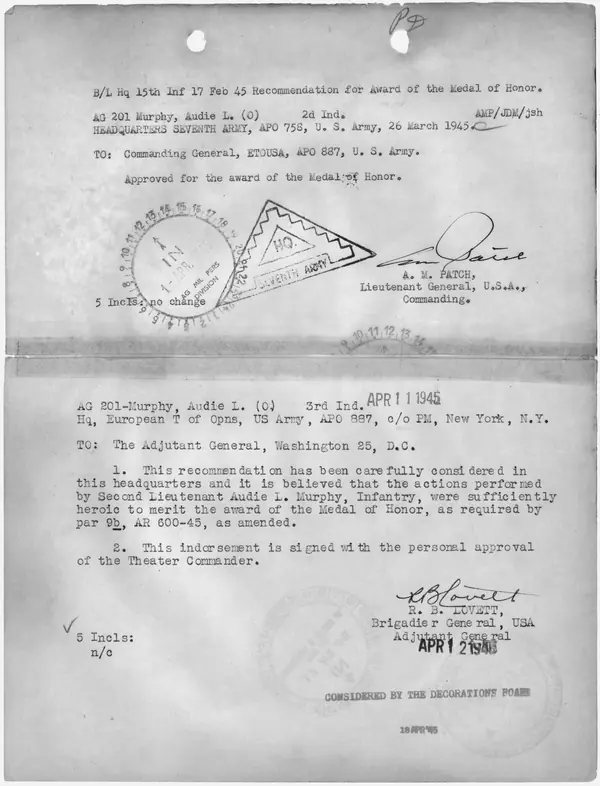 Endorsements on Murphy’s Medal of Honor recommendation, including Lt. Gen. A. M. Patch’s “Approved for the award of the Medal of Honor,” 1945