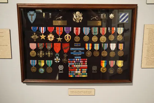 A shadow box of Audie Murphy’s medals and decorations, made by a collector, at the Audie Murphy American Cotton Museum, 2015