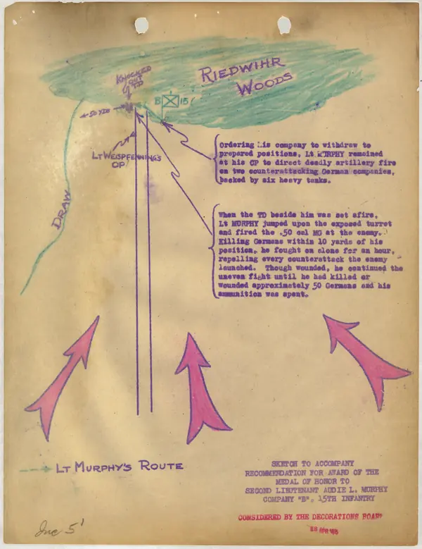 Sketch of the action near Holtzwihr, from Murphy’s Medal of Honor recommendation, February 17, 1945