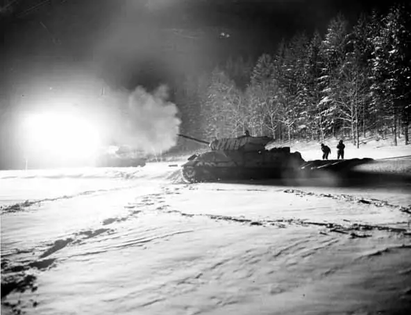 Tank destroyers firing at night near Sparsbach, France, January 26, 1945 (not at Holtzwihr)