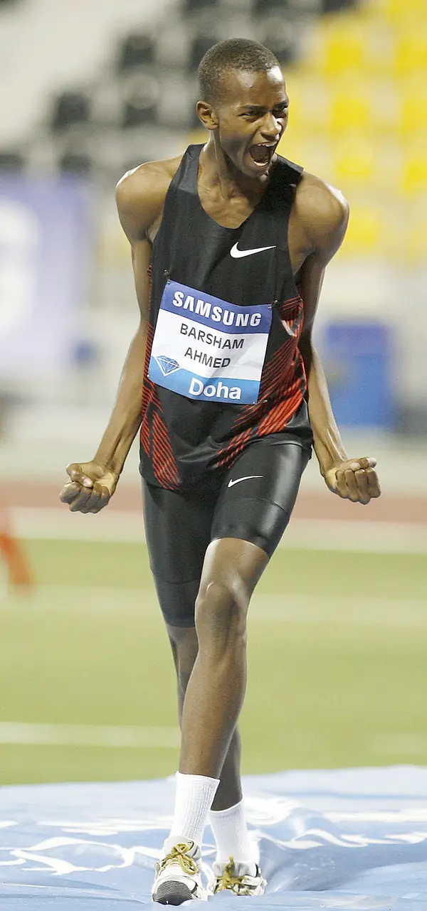 Mutaz Barshim celebrates at the Doha Diamond League, May 6, 2011