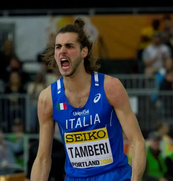 Gianmarco Tamberi roars after clearing 2.33 meters, Portland, March 20, 2016