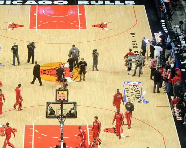 The Bulls warming up at the United Center, Chicago, before a 2011 Eastern Conference finals game, May 26, 2011 (cropped; not the Scallenge)