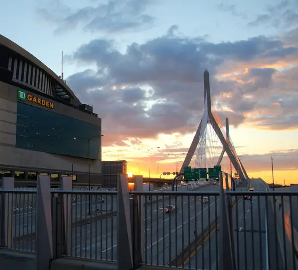 TD Garden and the Zakim Bridge at dusk during the NBA Finals, Boston, June 8, 2010 (not the Scallenge venue)