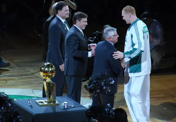 Brian Scalabrine receiving his 2008 championship ring from NBA commissioner David Stern, TD Garden, Boston, October 28, 2008