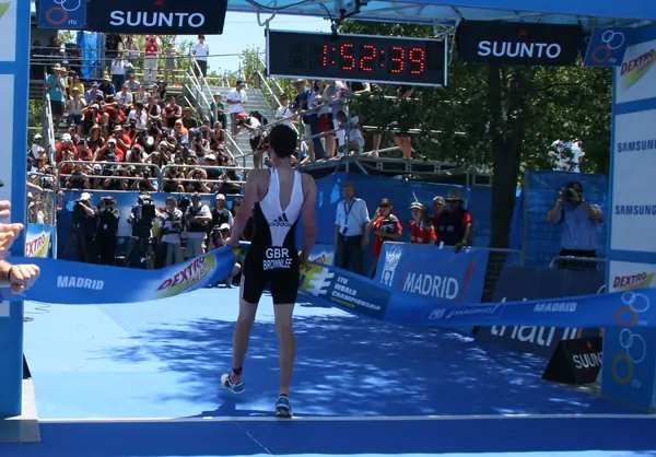 Alistair Brownlee crossing the finish line of the World Series race in Madrid, June 6, 2010 (not the Cozumel finish)