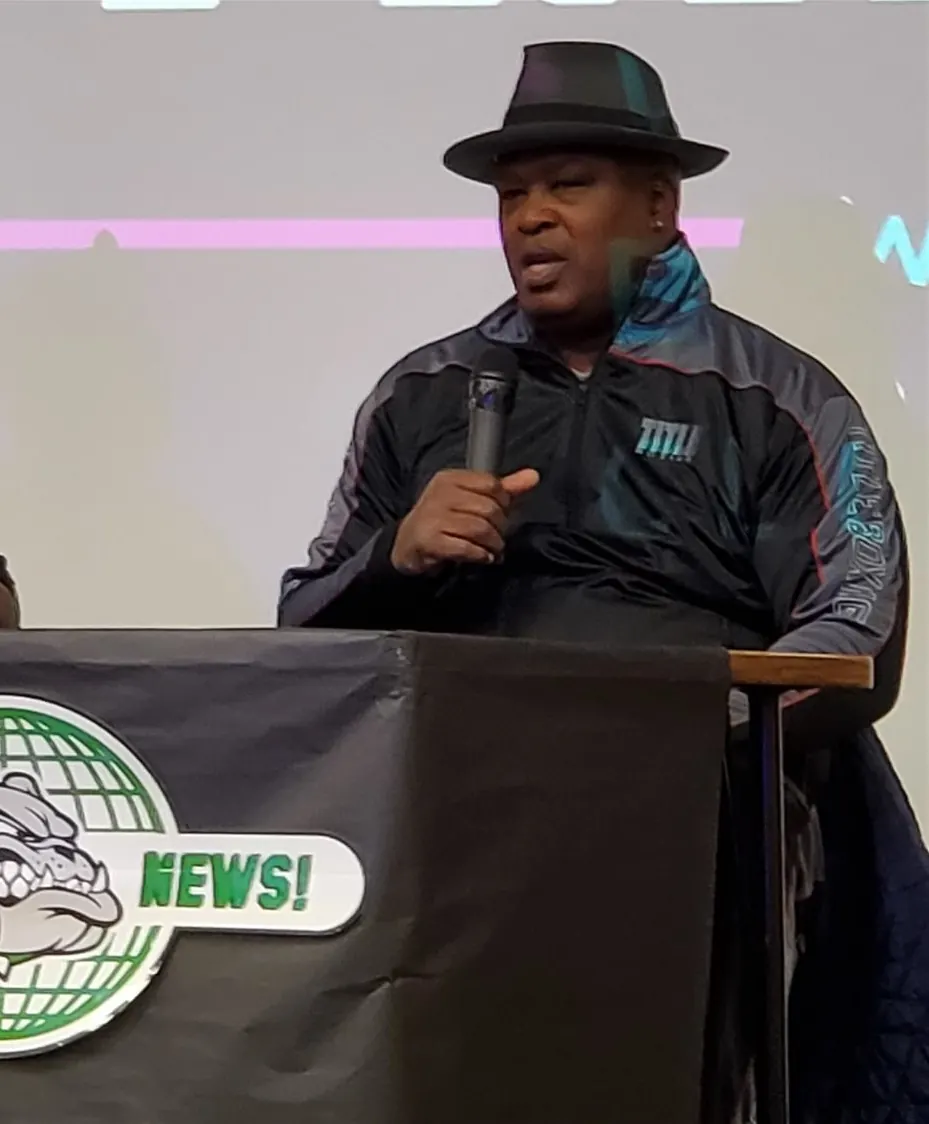 Buster Douglas speaking at a Mifflin Middle School event, June 21, 2020 (not 1990)