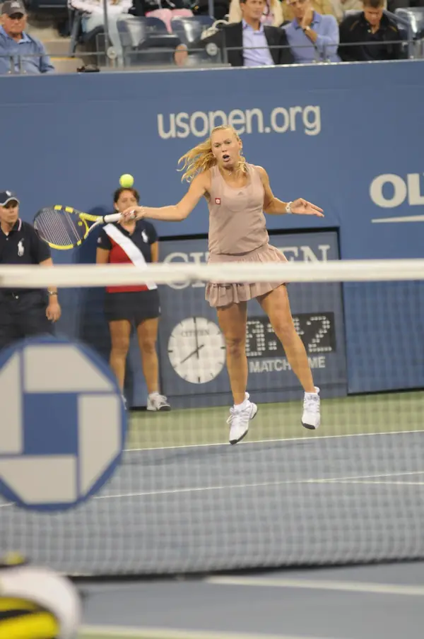 Caroline Wozniacki hitting a forehand at the US Open, September 7, 2009 (not Doha)