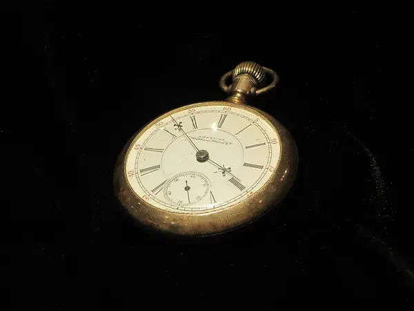 Casey Jones’s Waltham pocket watch, in his pocket at the crash, at the Casey Jones Railroad Museum, Jackson, Tennessee, 2012 (cropped)