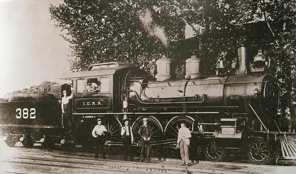 Illinois Central No. 382, the engine of his last run, with a crew who are not identified: an undated period print, not the night of the wreck, at the Casey Jones Railroad Museum, 2012 (cropped)