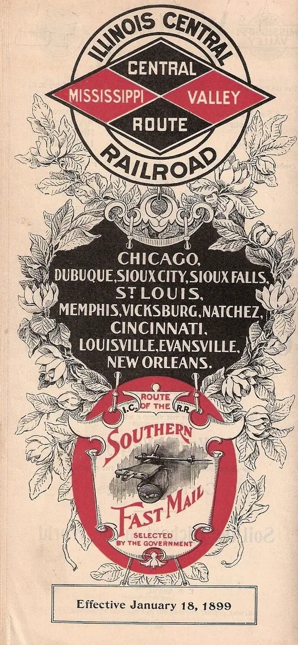 Illinois Central Railroad timetable cover, effective January 18, 1899 (a year before the wreck, not his train’s timetable)