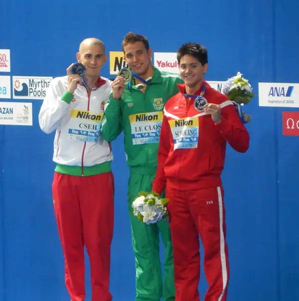 Chad le Clos (center) at the 100-meter butterfly medal ceremony, World Championships, Kazan, August 8, 2015, with László Cseh (left) and Joseph Schooling (not London 2012)