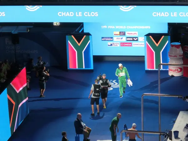 Chad le Clos walking out under South African flags on the big screens before the 200-meter butterfly semifinal, World Championships, Budapest, July 25, 2017