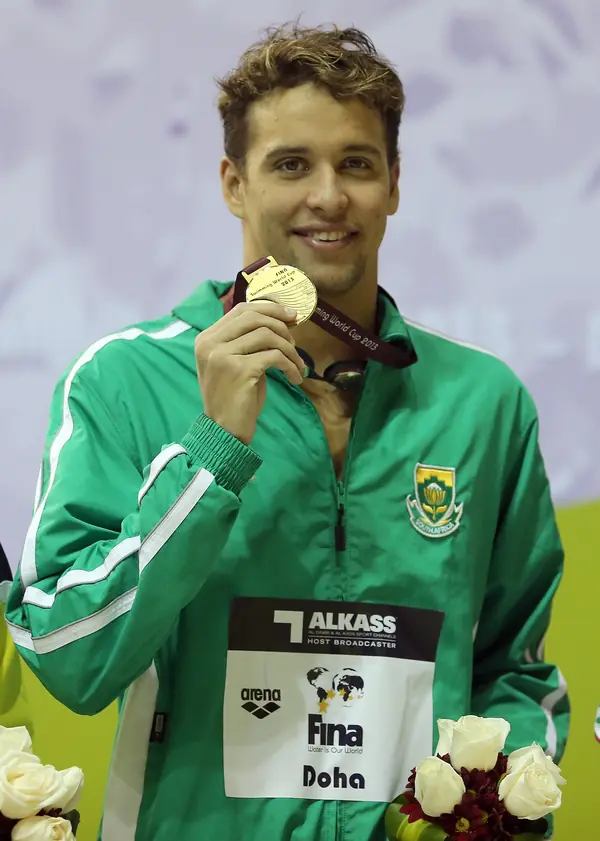 Chad le Clos with a FINA World Cup gold medal, Doha, October 21, 2013 (not his Olympic gold)