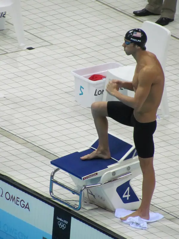 Michael Phelps at his block, London 2012 Aquatics Centre, August 2, 2012 (not the butterfly final)