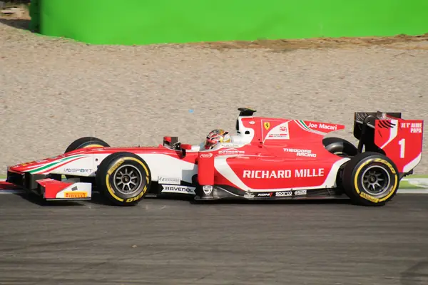 His Prema Formula 2 car in qualifying at Monza, September 1, 2017, its rear wing lettered “JE T’AIME PAPA” (not Baku)