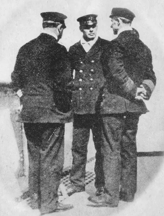 Lightoller (center) aboard the Carpathia after the rescue, with Capt. Rostron and Chief Officer Hankinson, 1912