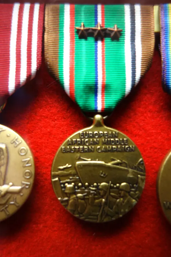 A European–African–Middle Eastern Campaign Medal with battle stars, Fort Devens Museum (not Chips’s own)