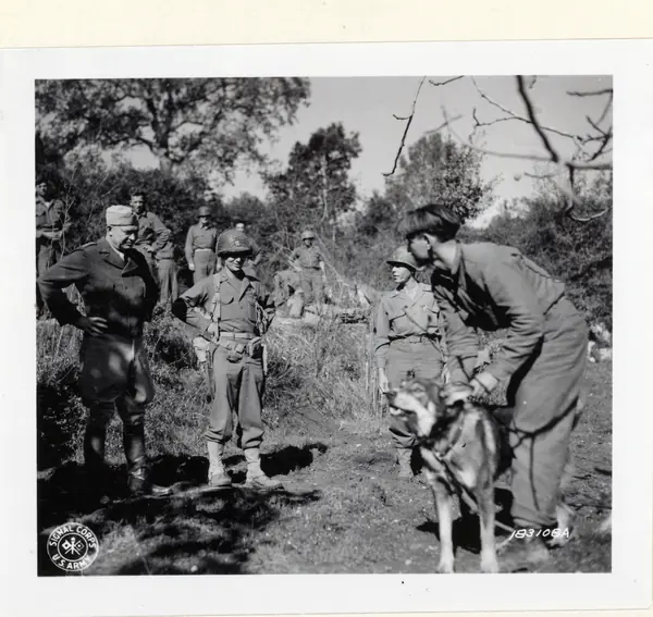 General Dwight D. Eisenhower admiring Chips, held by Pvt. Louie Kearns, Italy, 1943