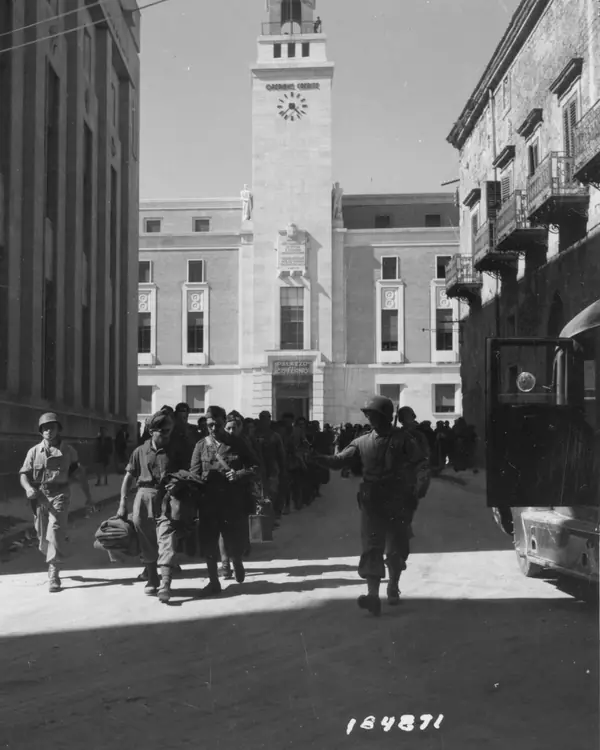 American MPs march Italian prisoners to a camp, Enna, Sicily, July 21, 1943 (not Chips’s prisoners)