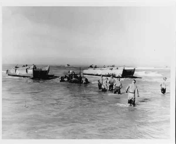 Landing craft bring vehicles ashore at Gela, Sicily, July 1943 (not Chips’s landing at Licata)
